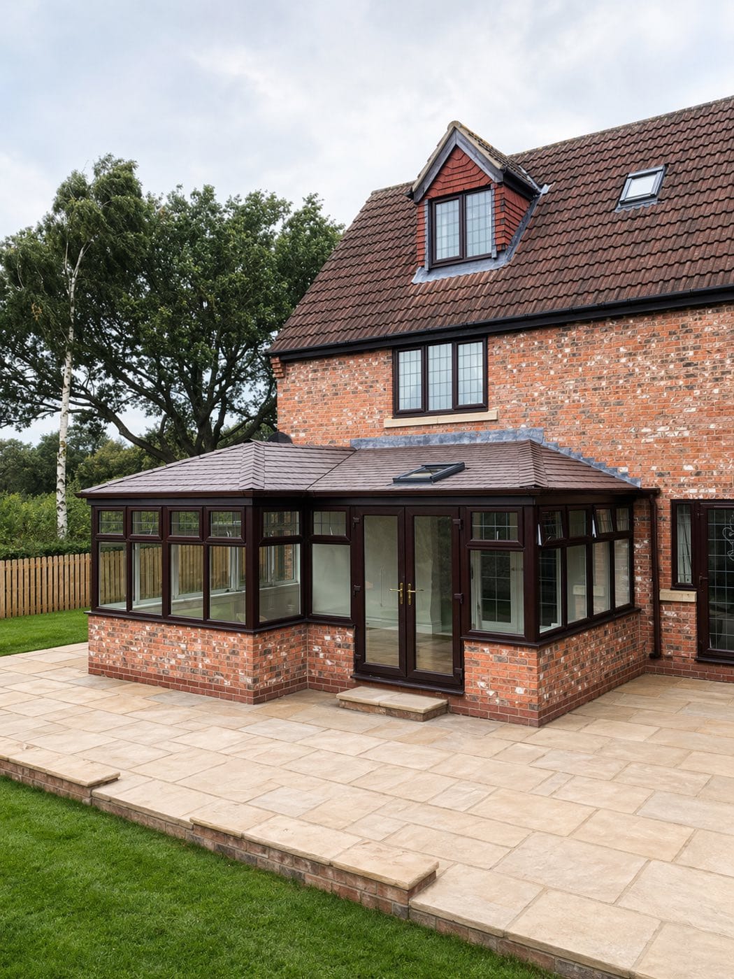 A large conservatory with a brown tiled warm roof and dark brown frames, fitted to a red brick house