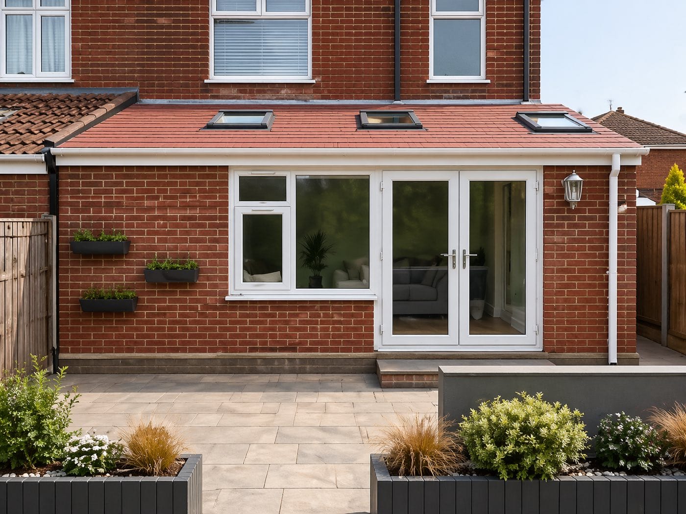 A terracotta tiled warm roof with three skylights fitted to a red brick extension, with the room visible through the doors
