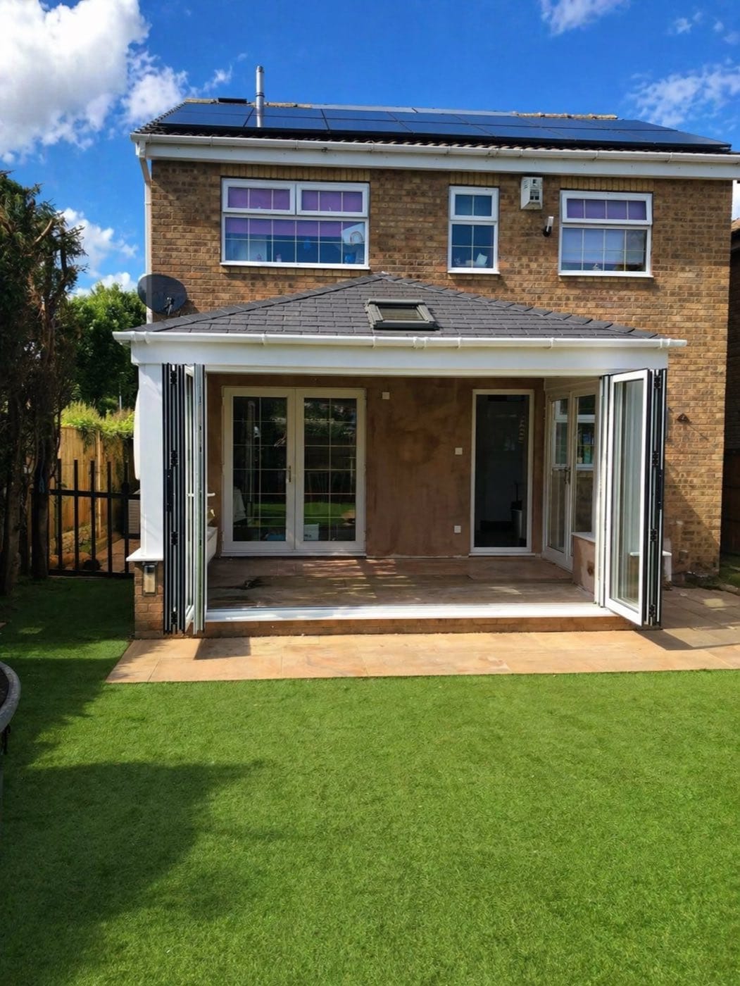 An extension with bifold doors open and a grey tiled warm roof with a skylight